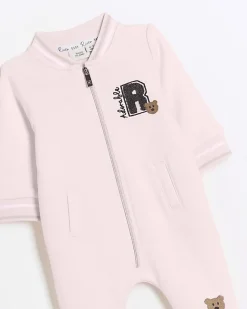 River Island Baby girls bear zip up sleepsuit Pink Hot