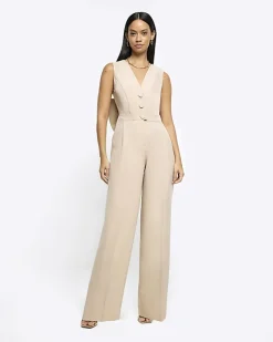 River Island Beige bow blazer jumpsuit Cream New