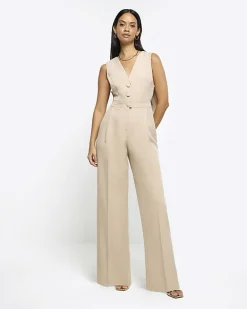 River Island Beige bow blazer jumpsuit Cream New