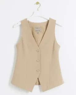 River Island Beige button up long waistcoat Cream Discount