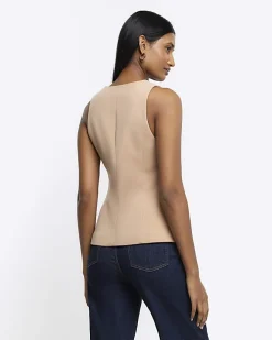 River Island Beige button up long waistcoat Cream Discount