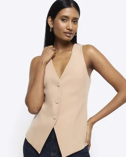 River Island Beige button up long waistcoat Cream Discount