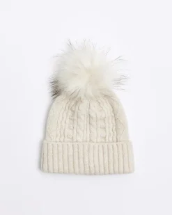 River Island Beige cable knit beanie hat Cream Online