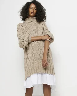 River Island Beige cable knit mini jumper shirt dress Cream Online