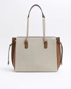 River Island Beige canvas chain shopper bag Cream Clearance
