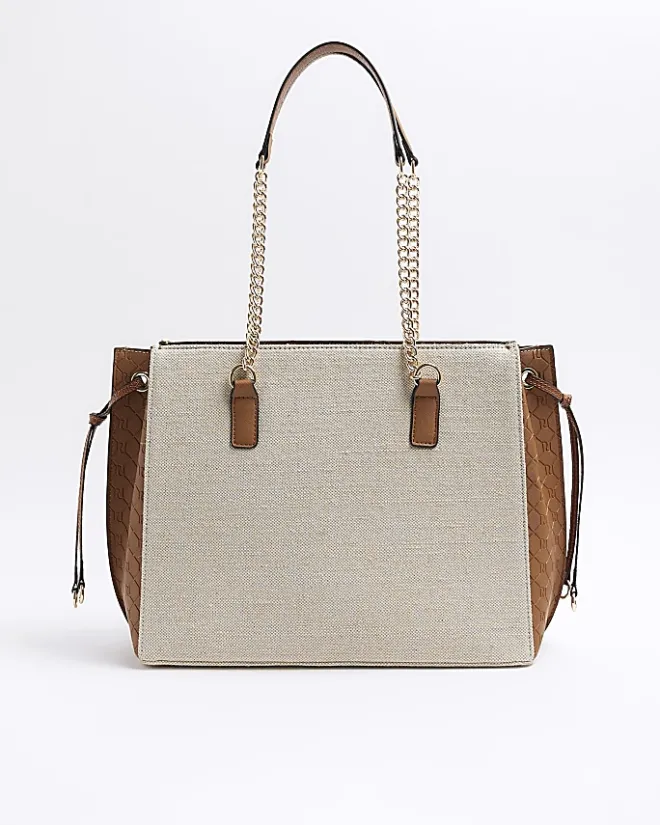 River Island Beige canvas chain shopper bag Cream Clearance