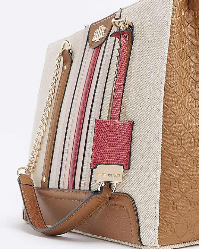 River Island Beige canvas chain shopper bag Cream Clearance