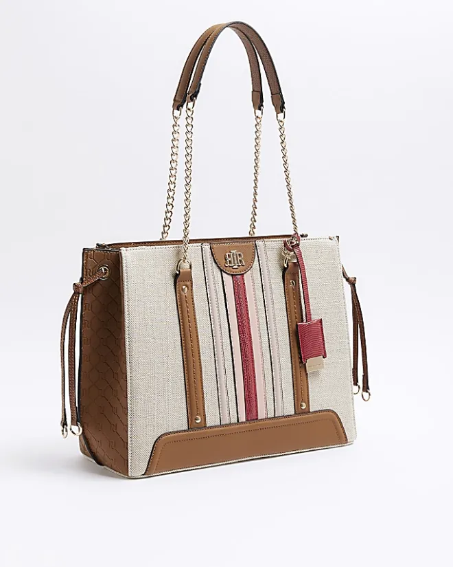 River Island Beige canvas chain shopper bag Cream Clearance