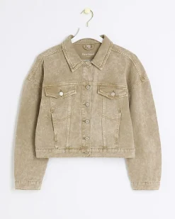 River Island Beige cropped denim jacket Brown Fashion