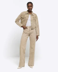River Island Beige cropped denim jacket Brown Fashion
