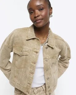 River Island Beige cropped denim jacket Brown Fashion