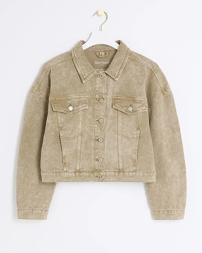 River Island Beige cropped denim jacket Brown Fashion