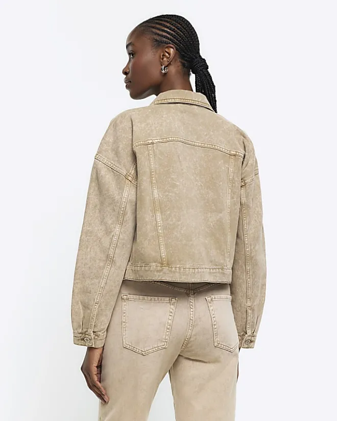 River Island Beige cropped denim jacket Brown Fashion