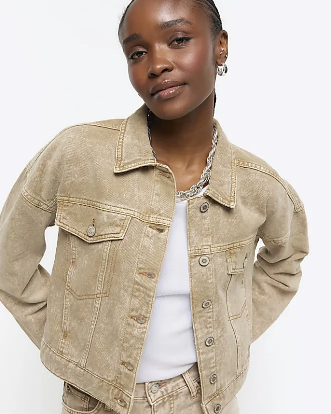 River Island Beige cropped denim jacket Brown Fashion
