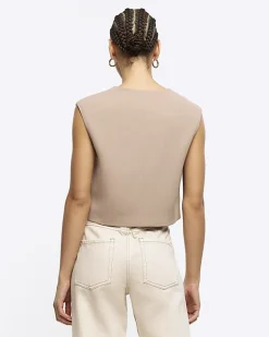 River Island Beige Cropped Waistcoat Cream Best
