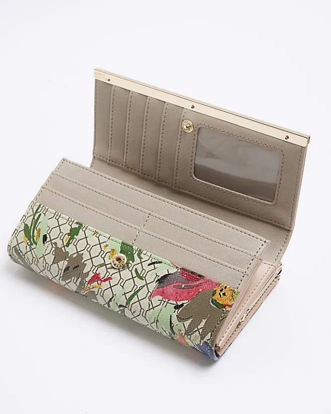 River Island Beige floral RI monogram purse Cream Clearance