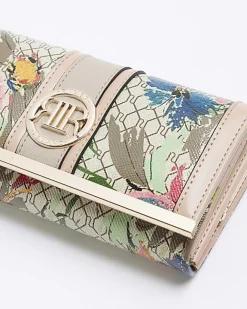 River Island Beige floral RI monogram purse Cream Clearance