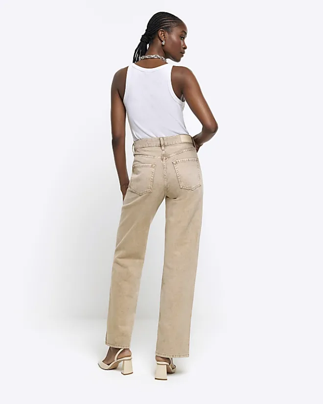 River Island Beige high waisted relaxed straight jeans Cream New
