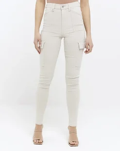 River Island Beige high waisted skinny cargo jeans Cream Online