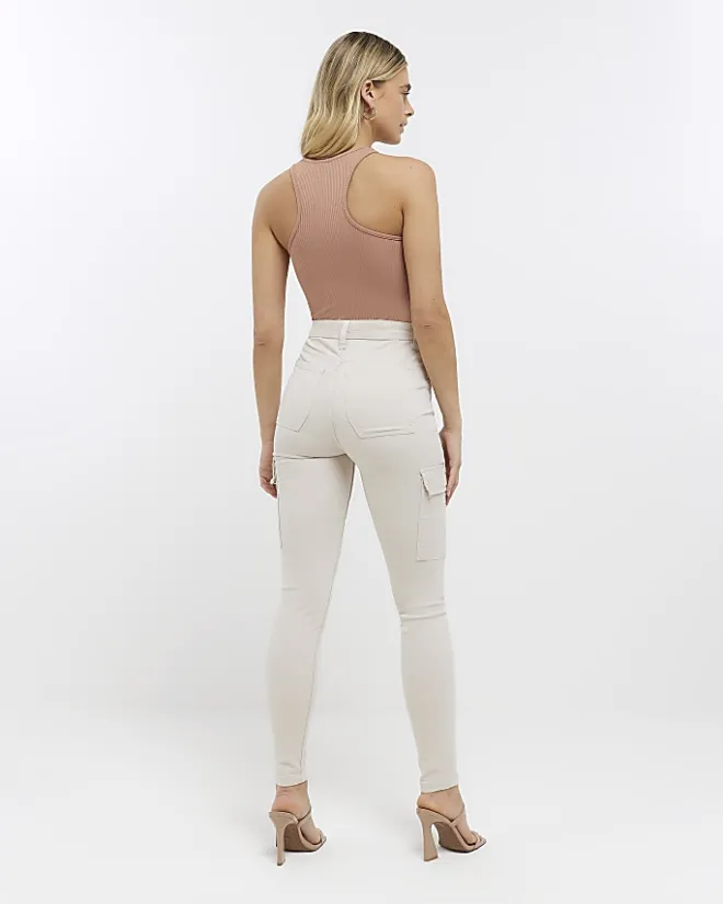 River Island Beige high waisted skinny cargo jeans Cream Online