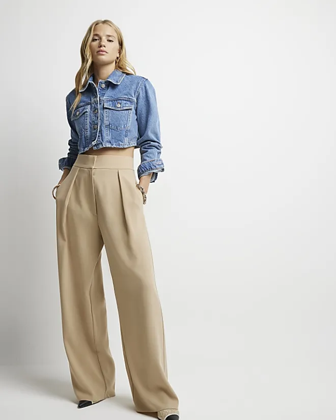 River Island Beige high waisted wide leg trousers Cream Online