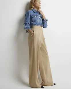 River Island Beige high waisted wide leg trousers Cream Online