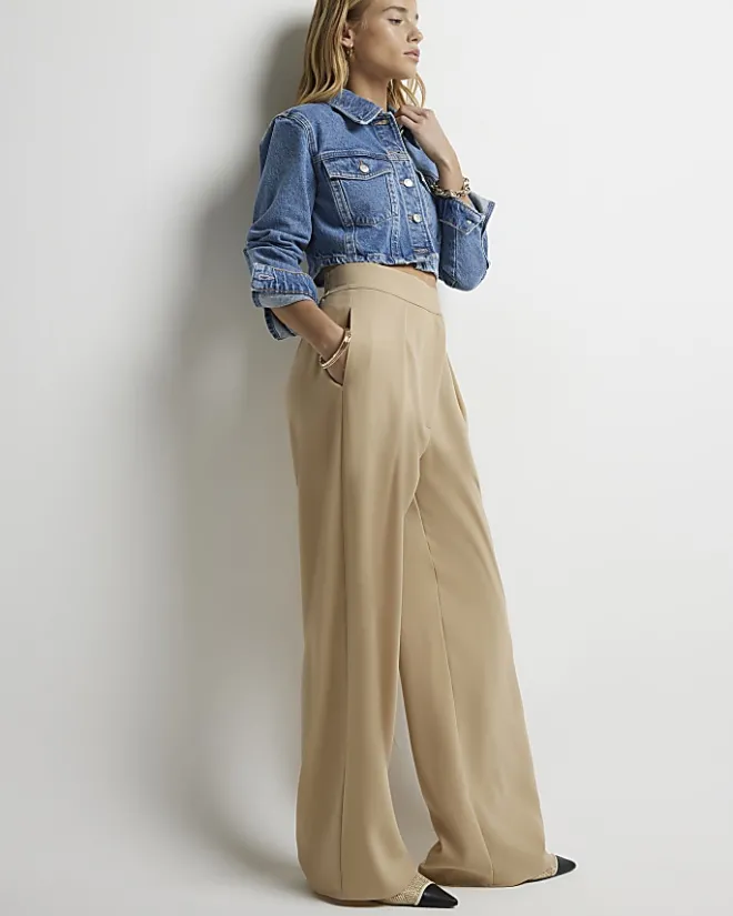 River Island Beige high waisted wide leg trousers Cream Online