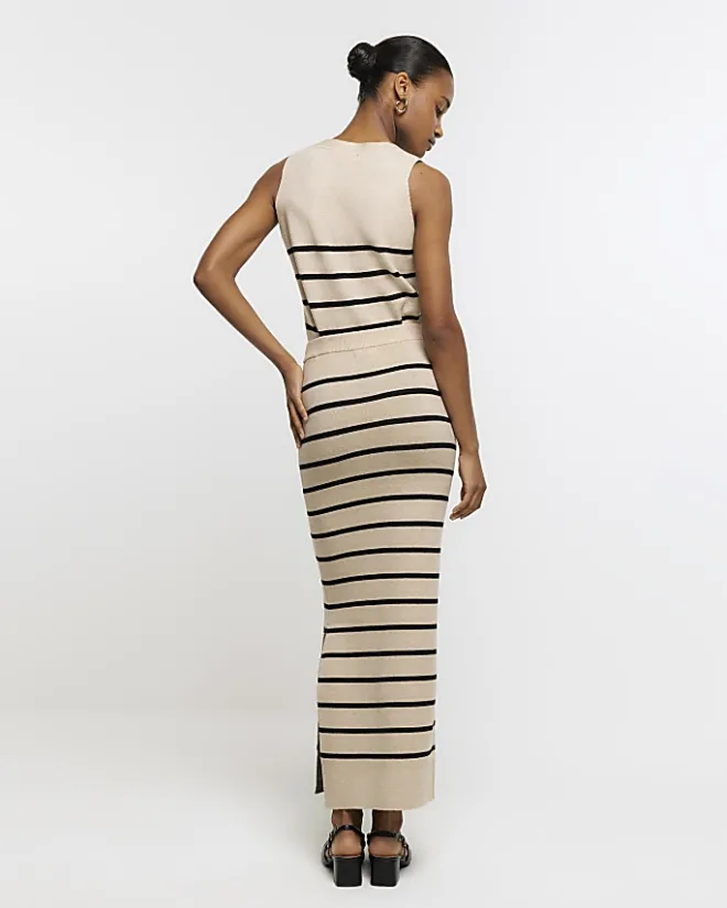 River Island Beige knit stripe maxi skirt Cream Clearance