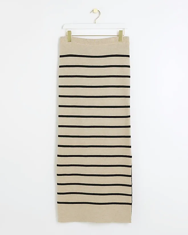 River Island Beige knit stripe maxi skirt Cream Clearance