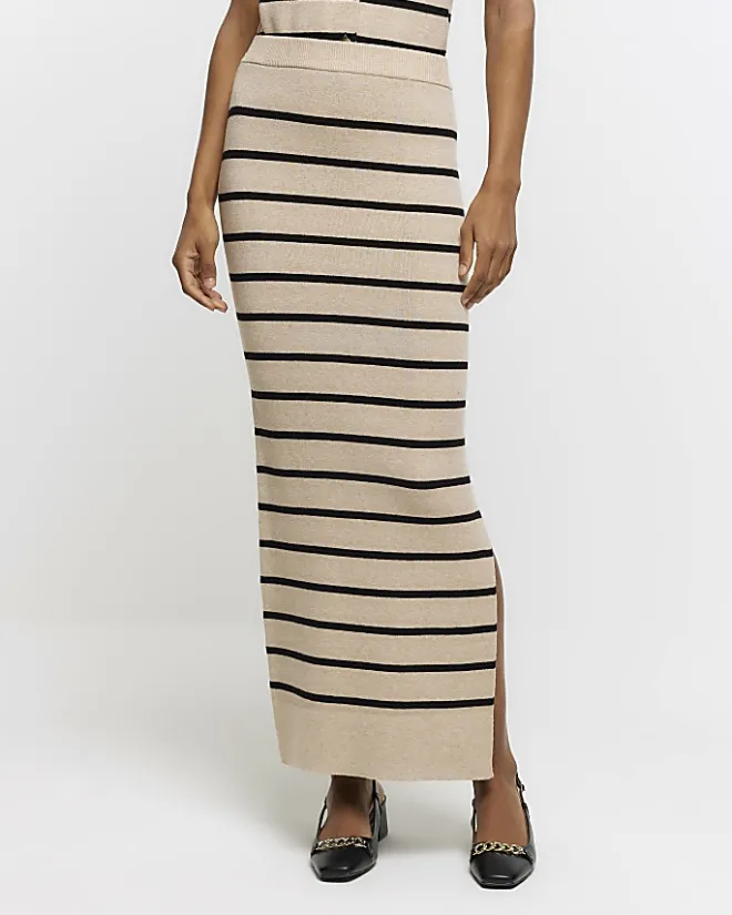 River Island Beige knit stripe maxi skirt Cream Clearance