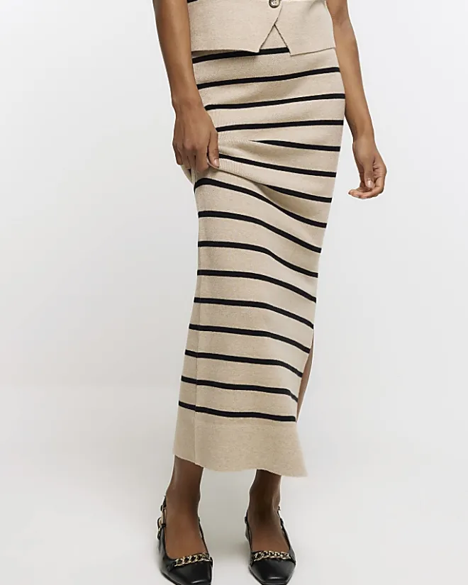 River Island Beige knit stripe maxi skirt Cream Clearance