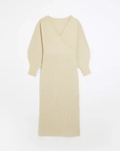 River Island Beige knit wrap jumper midi dress Cream Hot