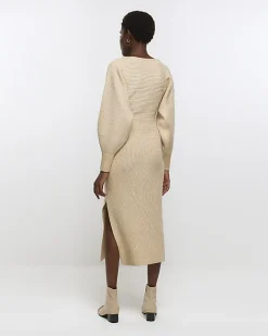 River Island Beige knit wrap jumper midi dress Cream Hot