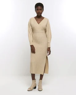 River Island Beige knit wrap jumper midi dress Cream Hot