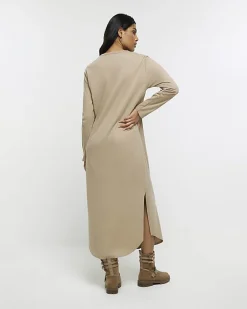 River Island Beige knot long sleeve t-shirt midi dress Cream New