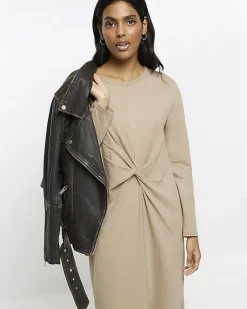 River Island Beige knot long sleeve t-shirt midi dress Cream New