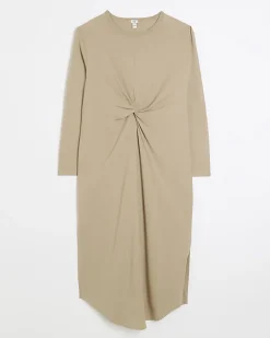 River Island Beige knot long sleeve t-shirt midi dress Cream New