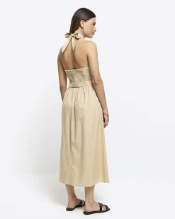River Island Beige linen halter neck midi dress Cream Outlet
