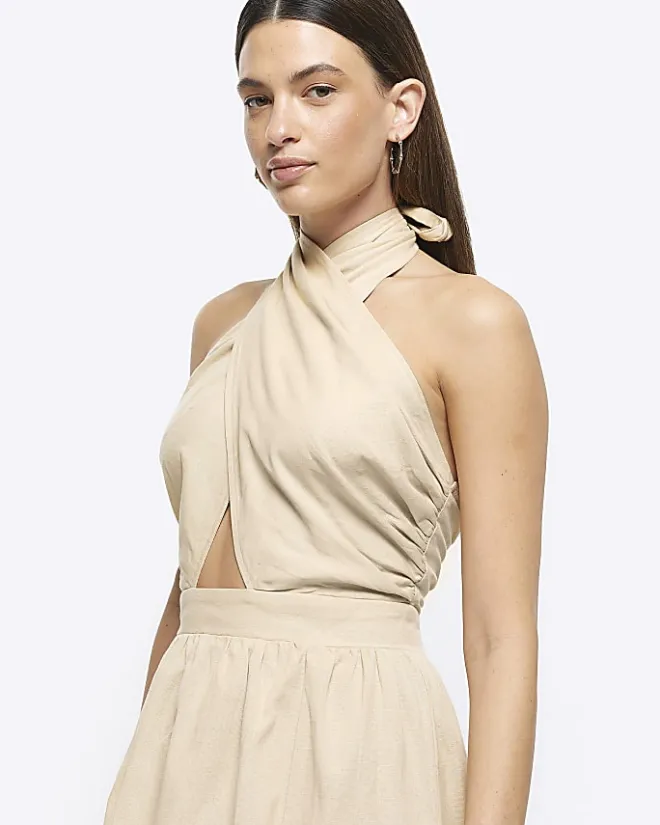 River Island Beige linen halter neck midi dress Cream Outlet