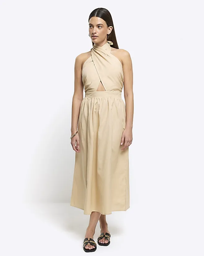 River Island Beige linen halter neck midi dress Cream Outlet