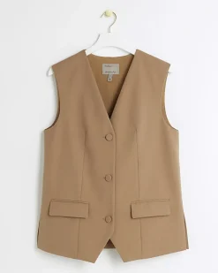 River Island Beige longline button up waistcoat Cream Sale