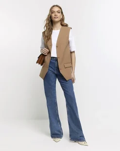 River Island Beige longline button up waistcoat Cream Sale