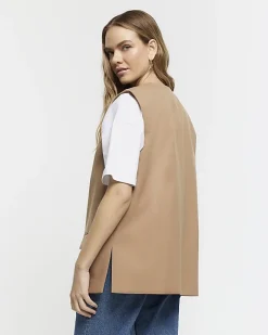 River Island Beige longline button up waistcoat Cream Sale