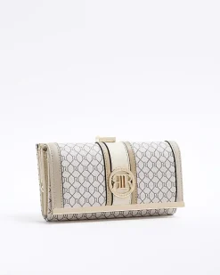 River Island Beige monogram clip top purse Cream Clearance