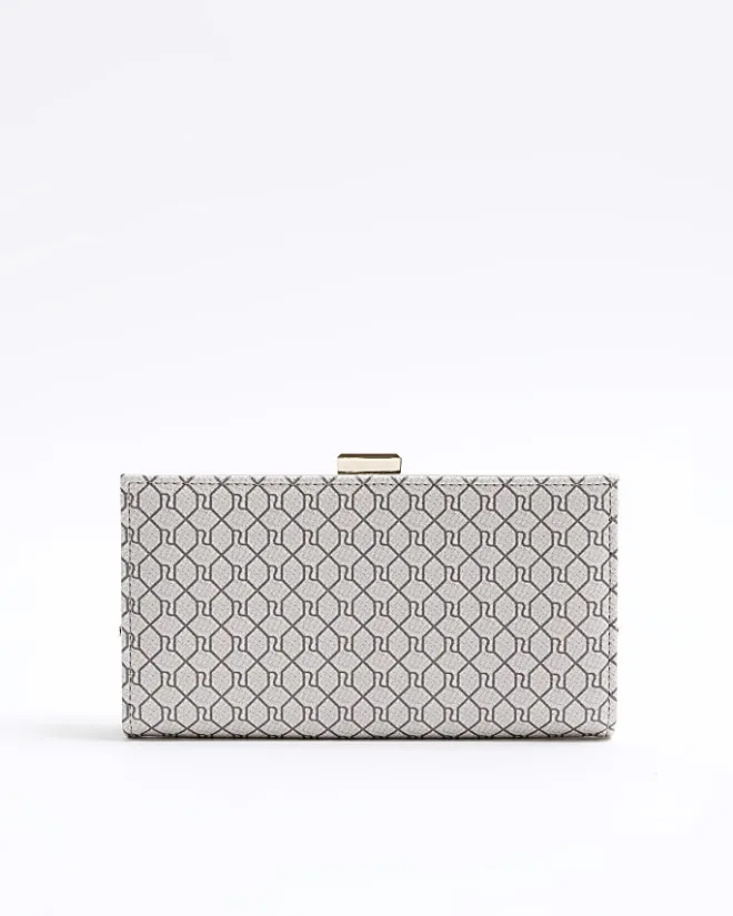 River Island Beige monogram clip top purse Cream Clearance