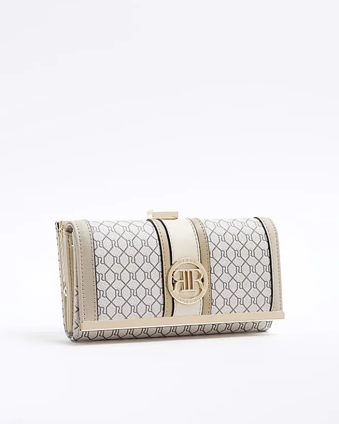 River Island Beige monogram clip top purse Cream Clearance