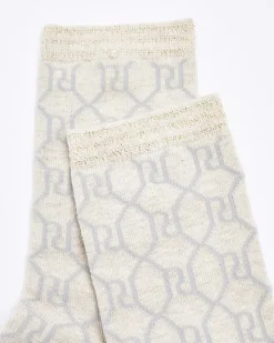 River Island Beige RI monogram ankle socks Cream Discount