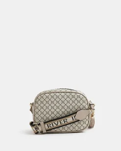 River Island Beige RI monogram print cross body bag Cream Hot