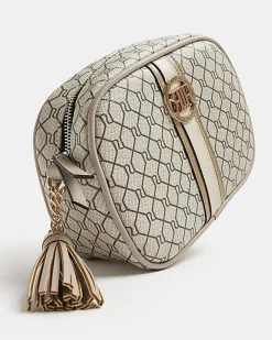 River Island Beige RI monogram print cross body bag Cream Hot