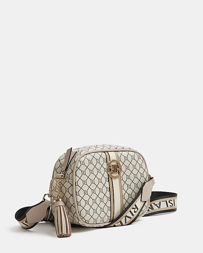 River Island Beige RI monogram print cross body bag Cream Hot
